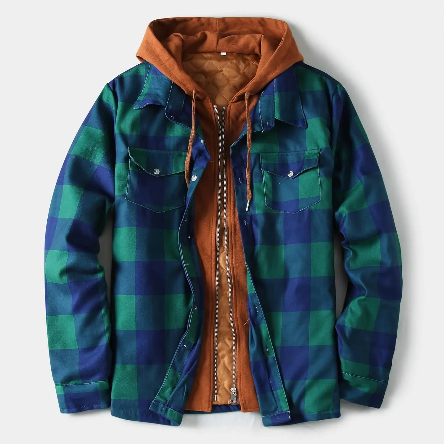 aihihe Men's Hooded Quilted Lined Flannel Shirt Jacket Plus Size Long Sleeve Plaid Zipper Jackets Winter Thermal Outerwear