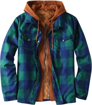 aihihe Men's Hooded Quilted Lined Flannel Shirt Jacket Plus Size Long Sleeve Plaid Zipper Jackets Winter Thermal Outerwear