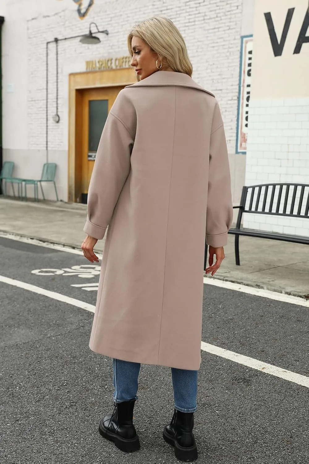 BZB Women's Long Coat Notched Lapel Collar Double Breasted Pea Coat Winter Elegant Wool Blend Over Coats Jackets