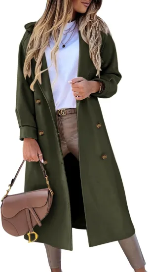BZB Women's Long Coat Notched Lapel Collar Double Breasted Pea Coat Winter Elegant Wool Blend Over Coats Jackets