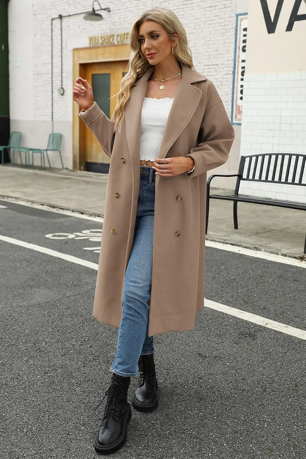 BZB Women's Long Coat Notched Lapel Collar Double Breasted Pea Coat Winter Elegant Wool Blend Over Coats Jackets
