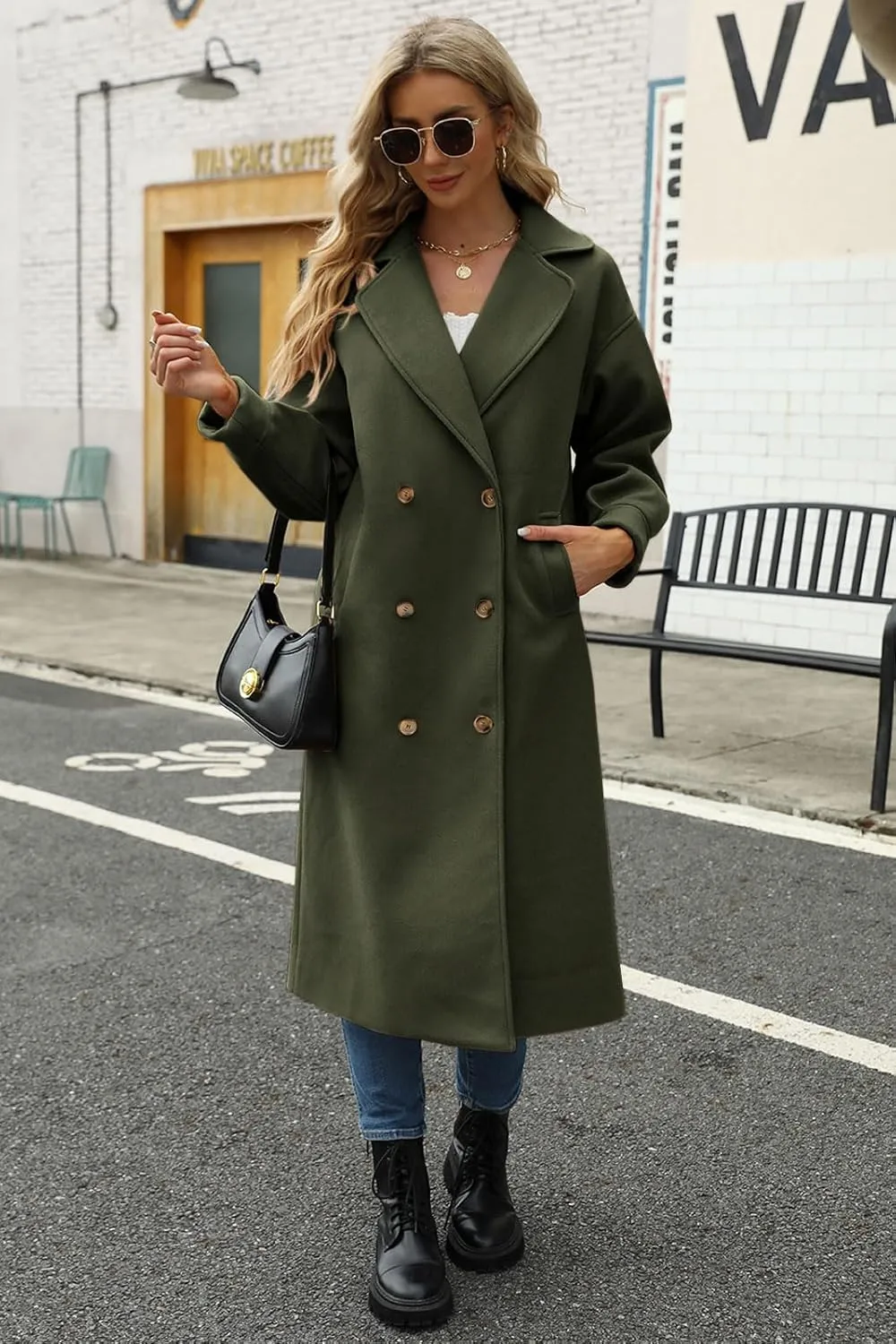 BZB Women's Long Coat Notched Lapel Collar Double Breasted Pea Coat Winter Elegant Wool Blend Over Coats Jackets