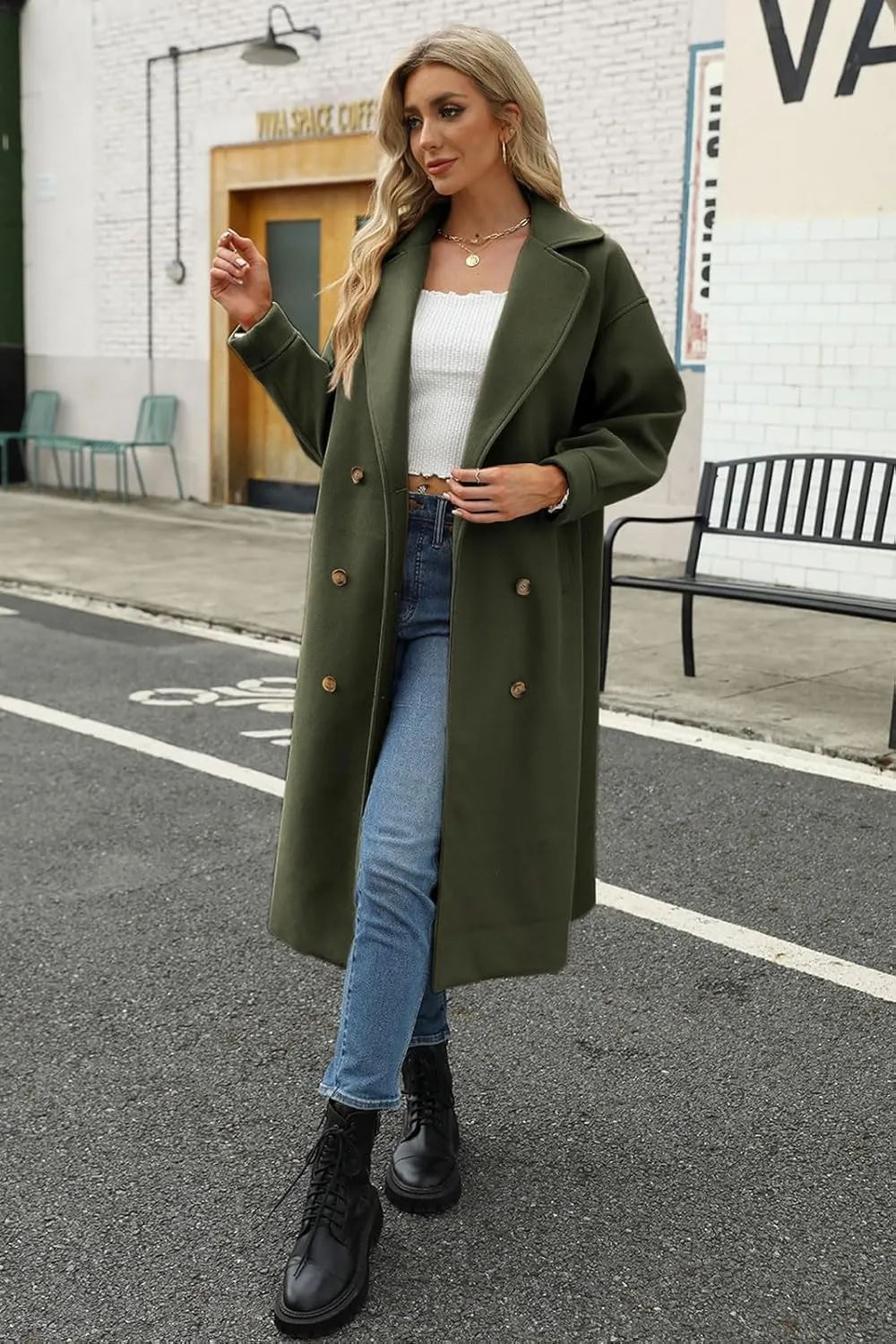 BZB Women's Long Coat Notched Lapel Collar Double Breasted Pea Coat Winter Elegant Wool Blend Over Coats Jackets