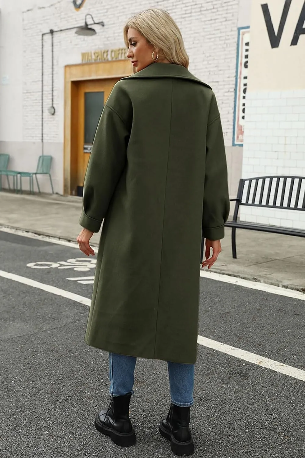 BZB Women's Long Coat Notched Lapel Collar Double Breasted Pea Coat Winter Elegant Wool Blend Over Coats Jackets
