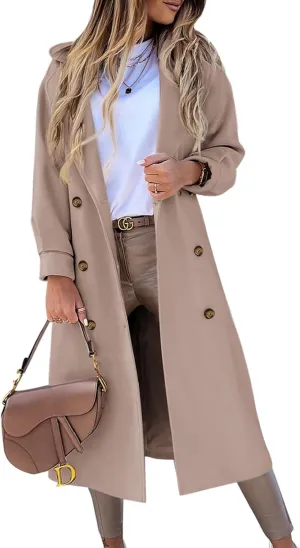 BZB Women's Long Coat Notched Lapel Collar Double Breasted Pea Coat Winter Elegant Wool Blend Over Coats Jackets
