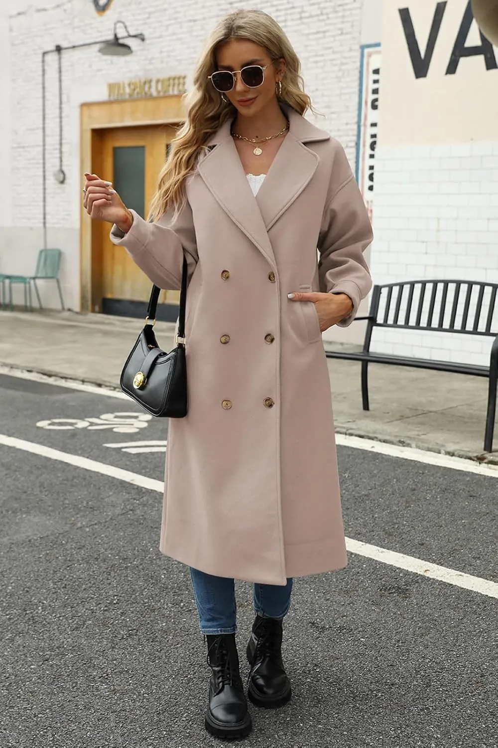 BZB Women's Long Coat Notched Lapel Collar Double Breasted Pea Coat Winter Elegant Wool Blend Over Coats Jackets