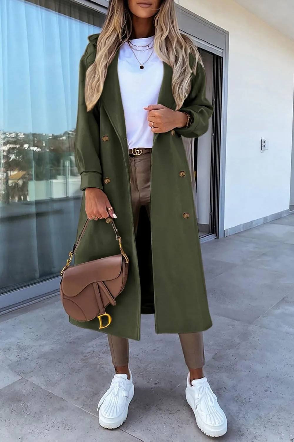 BZB Women's Long Coat Notched Lapel Collar Double Breasted Pea Coat Winter Elegant Wool Blend Over Coats Jackets