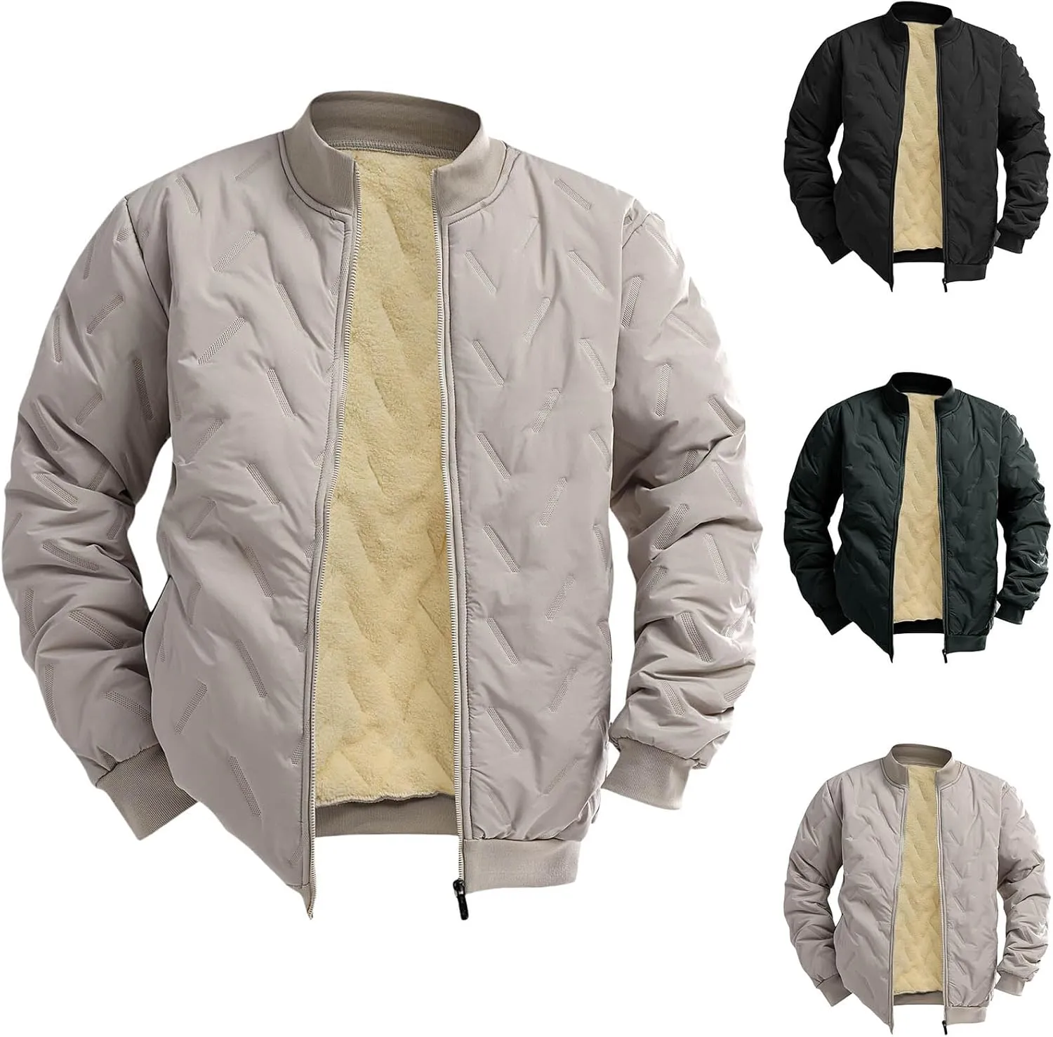 Mens Puffer Jacket Winter Down Coat Quilted Bomber Jackets Sherpa Lined Jacket Long Sleeve Thick Plush Padded Outwear
