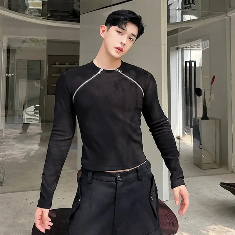 Men's Slim Long Sleeve T-shirts Autumn New Niche Design Dark Zipper Split Versatile Tight Tops Korean Style Clothing 9C1248
