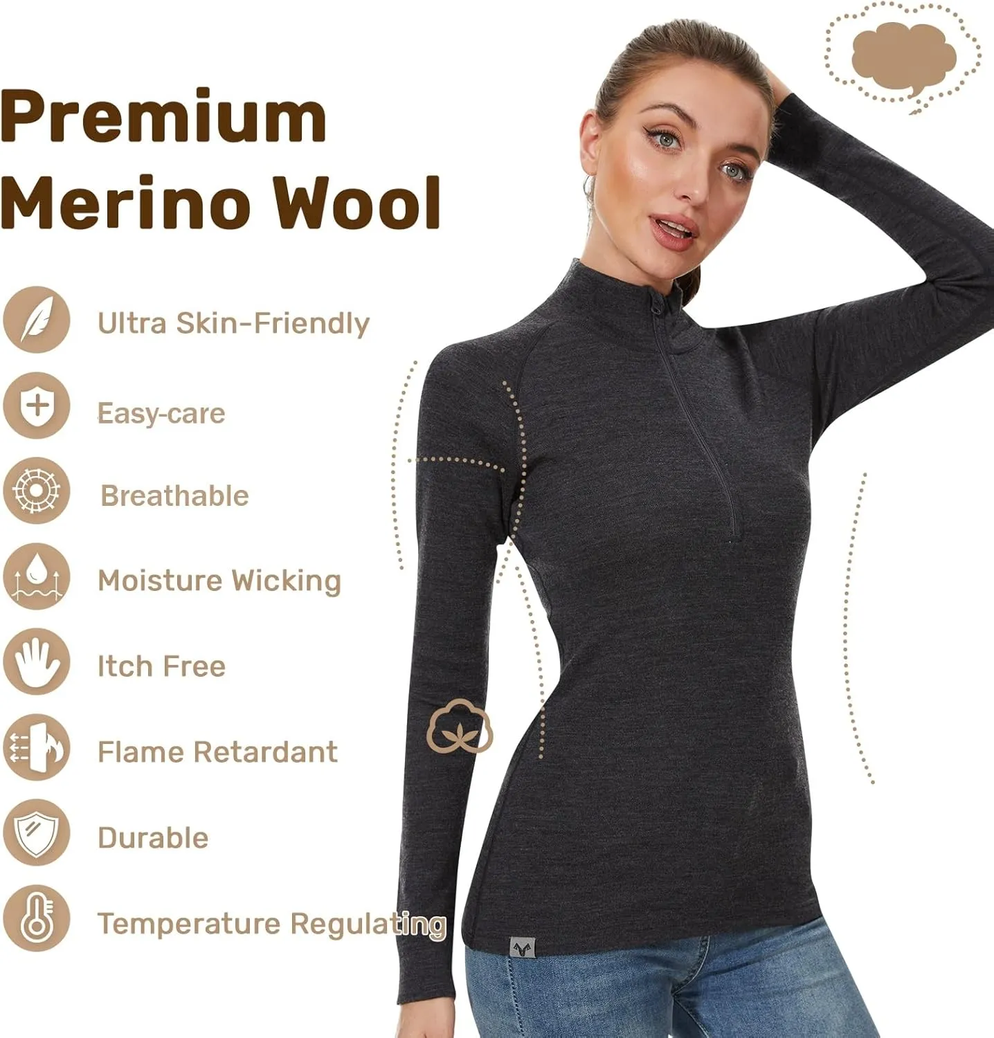 MERINNOVATION Merino Wool Base Layer for Womens Wool Half Zip Sweater Midweight 240gsm