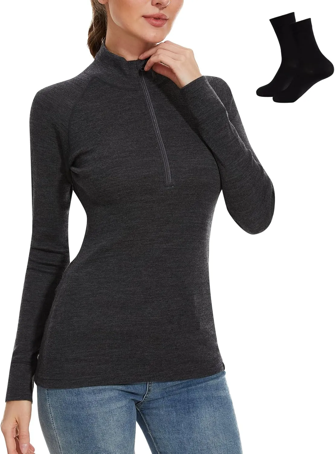 MERINNOVATION Merino Wool Base Layer for Womens Wool Half Zip Sweater Midweight 240gsm