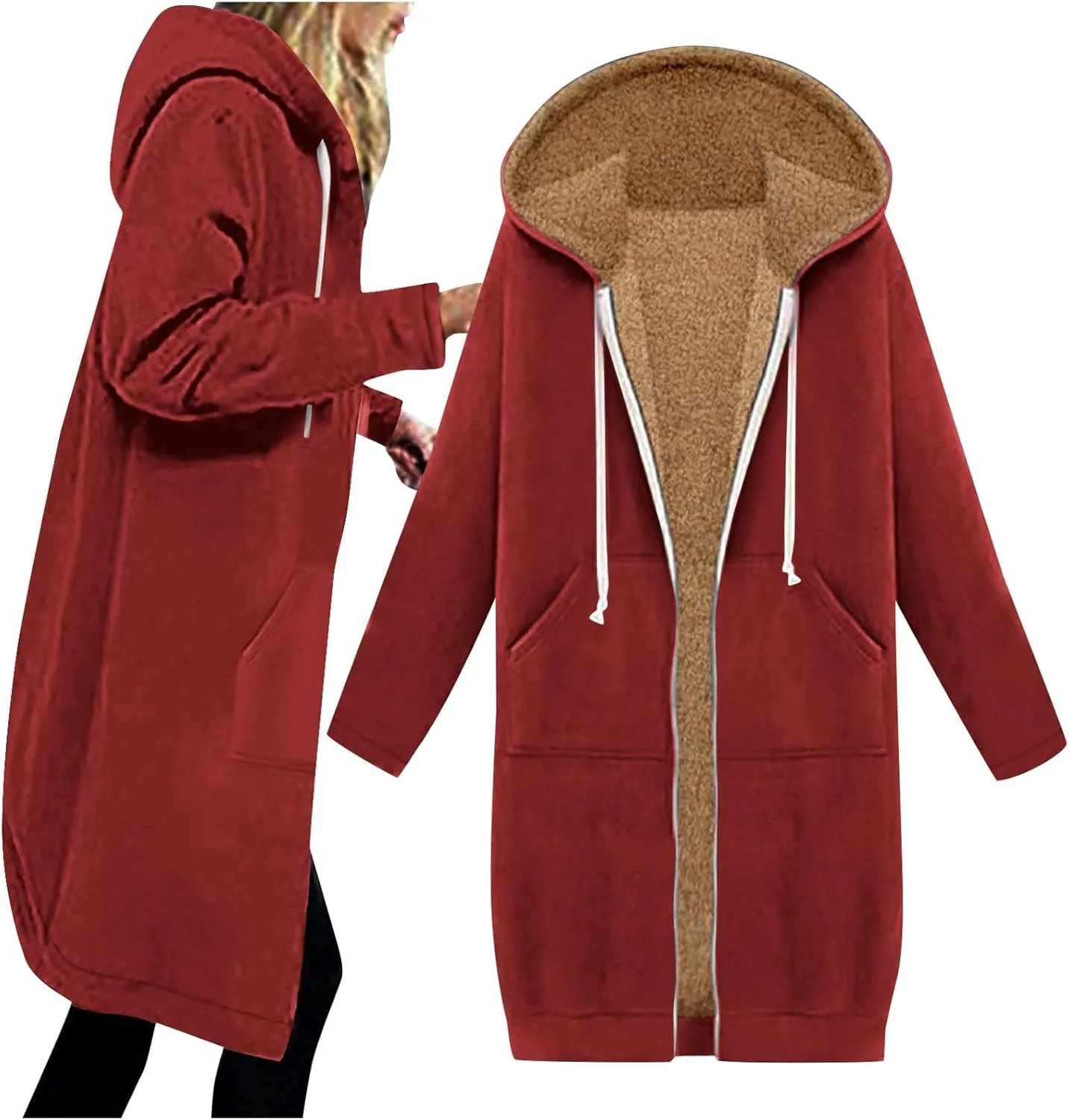 Miyaomn Women's Zip Up Oversized Long Hoodies Sherpa Lined Long Sleeve Hooded Sweatshirts Winter Fleece Jackets with Pockets