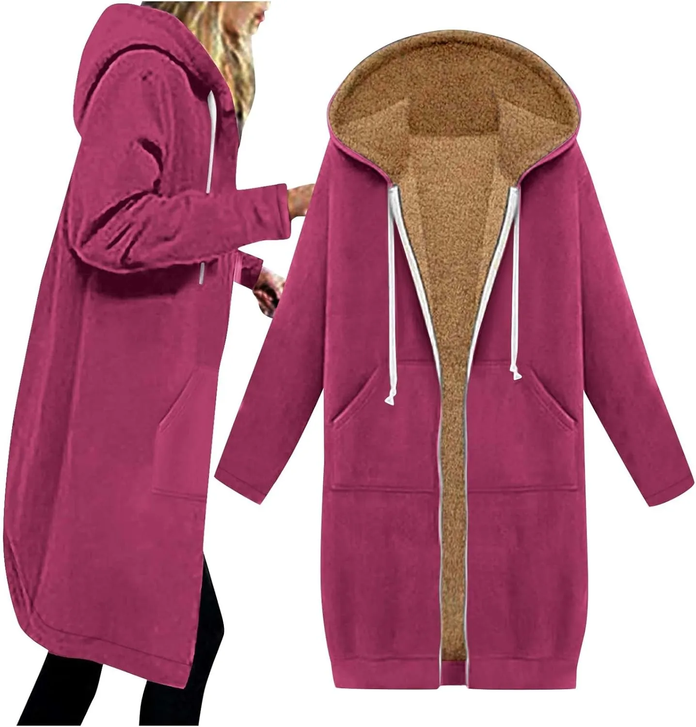 Miyaomn Women's Zip Up Oversized Long Hoodies Sherpa Lined Long Sleeve Hooded Sweatshirts Winter Fleece Jackets with Pockets