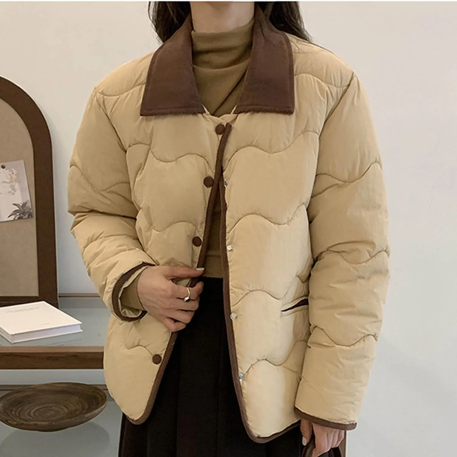 Quilted Jackets For Women 2024 Casual Trendy Lapel Button Down Long Sleeve Down Jacket Fall Winter Comfy Warm Tops