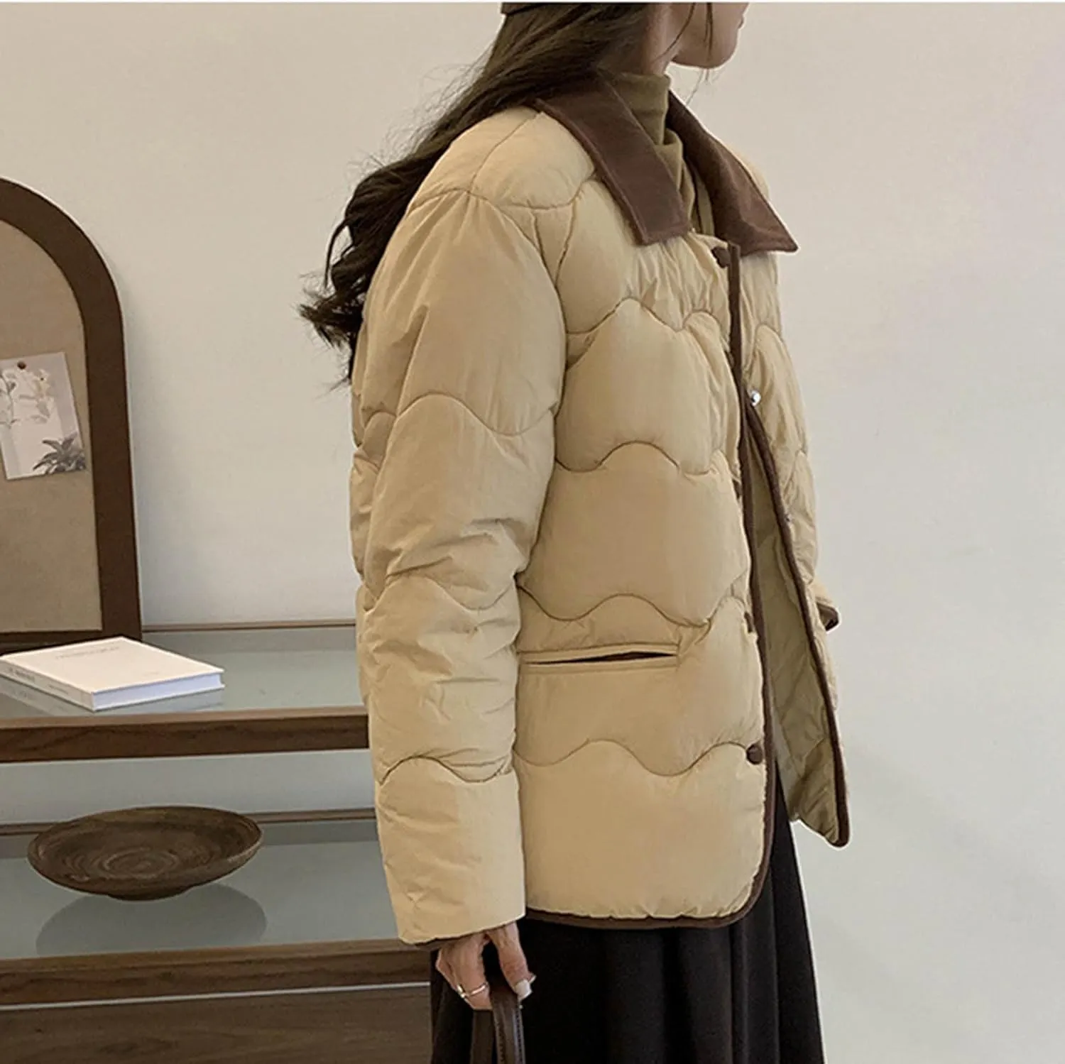 Quilted Jackets For Women 2024 Casual Trendy Lapel Button Down Long Sleeve Down Jacket Fall Winter Comfy Warm Tops