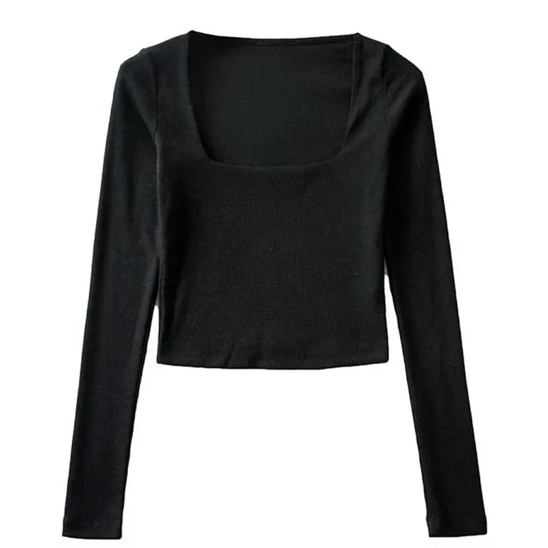 Ribbed Square Neck Long Sleeve Tee - Cotton