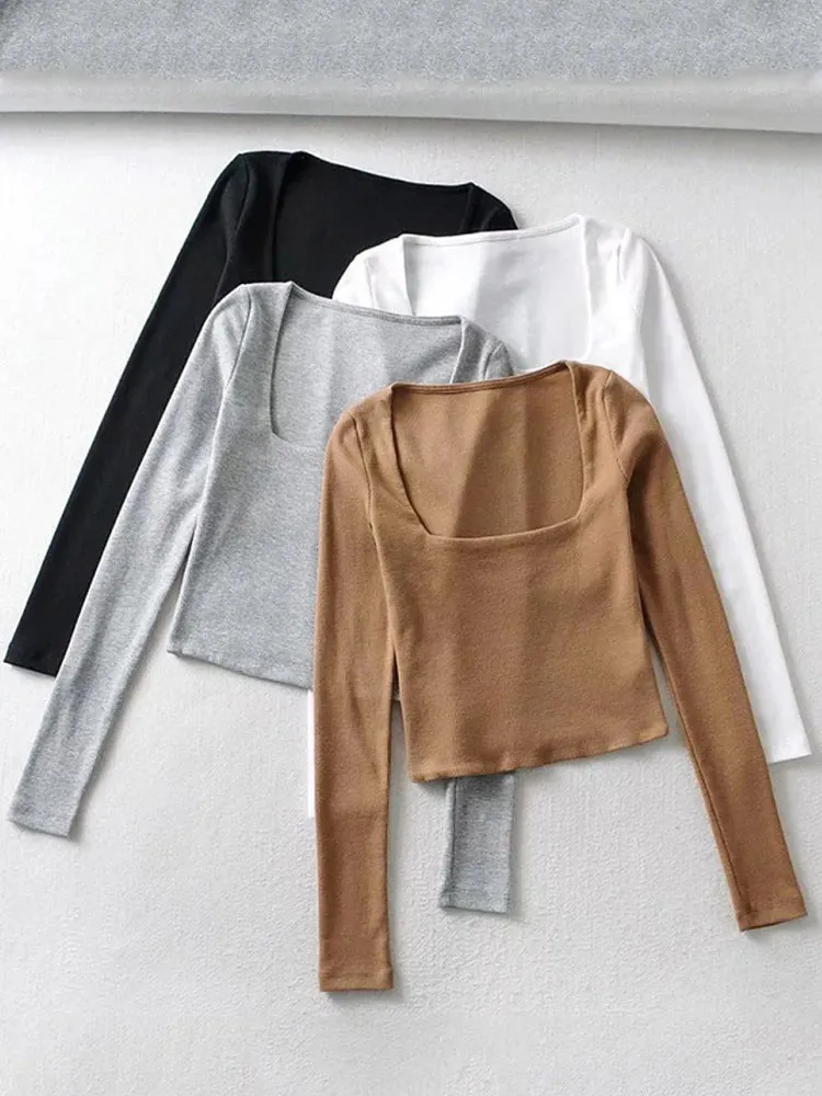 Ribbed Square Neck Long Sleeve Tee - Cotton