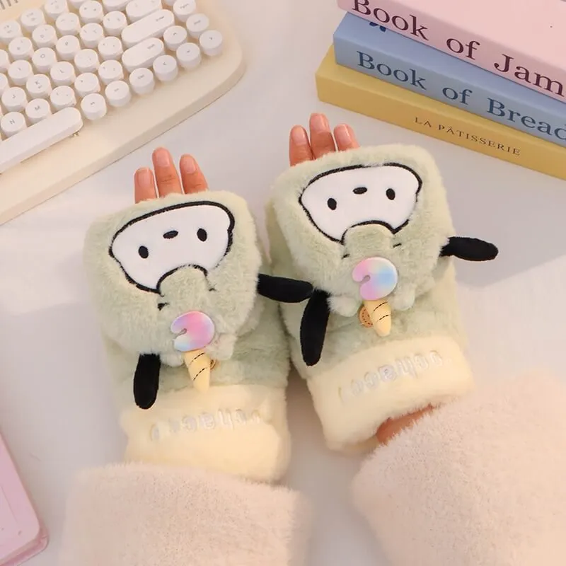 Sanrio Cute Cartoon Winter Unicorn Half Finger Mittens