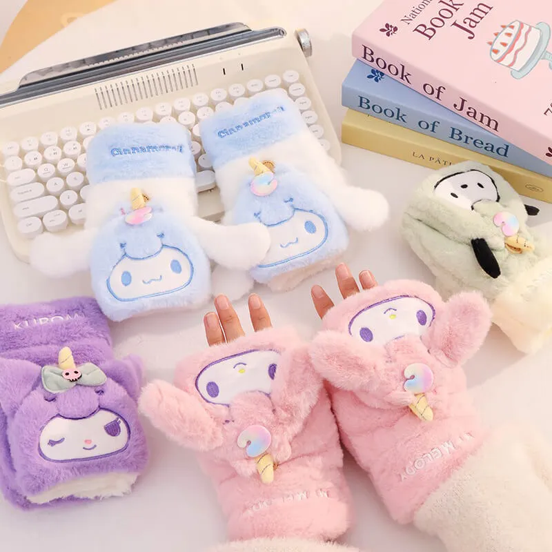 Sanrio Cute Cartoon Winter Unicorn Half Finger Mittens