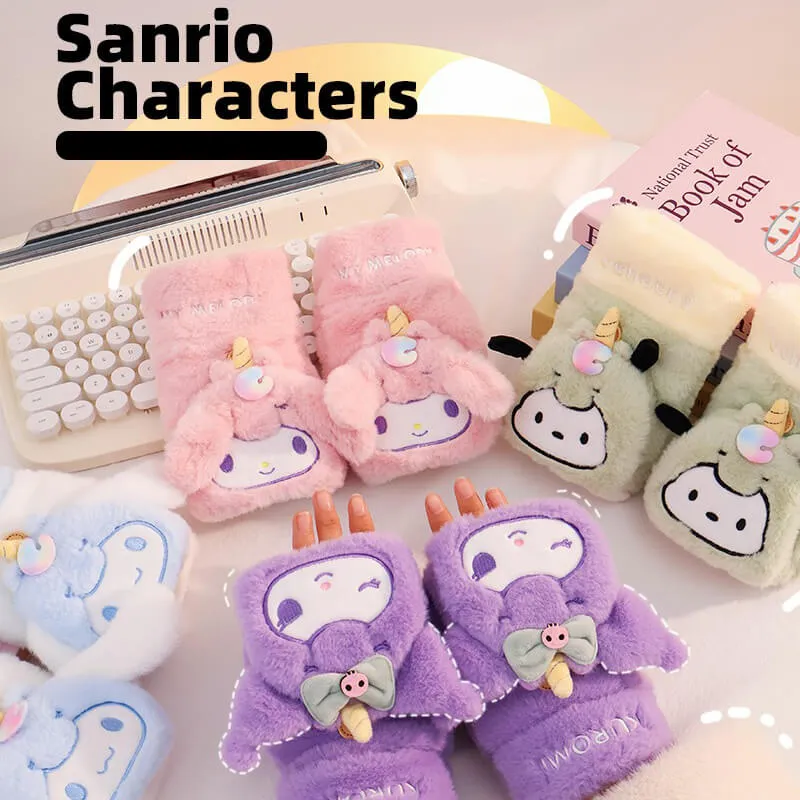 Sanrio Cute Cartoon Winter Unicorn Half Finger Mittens
