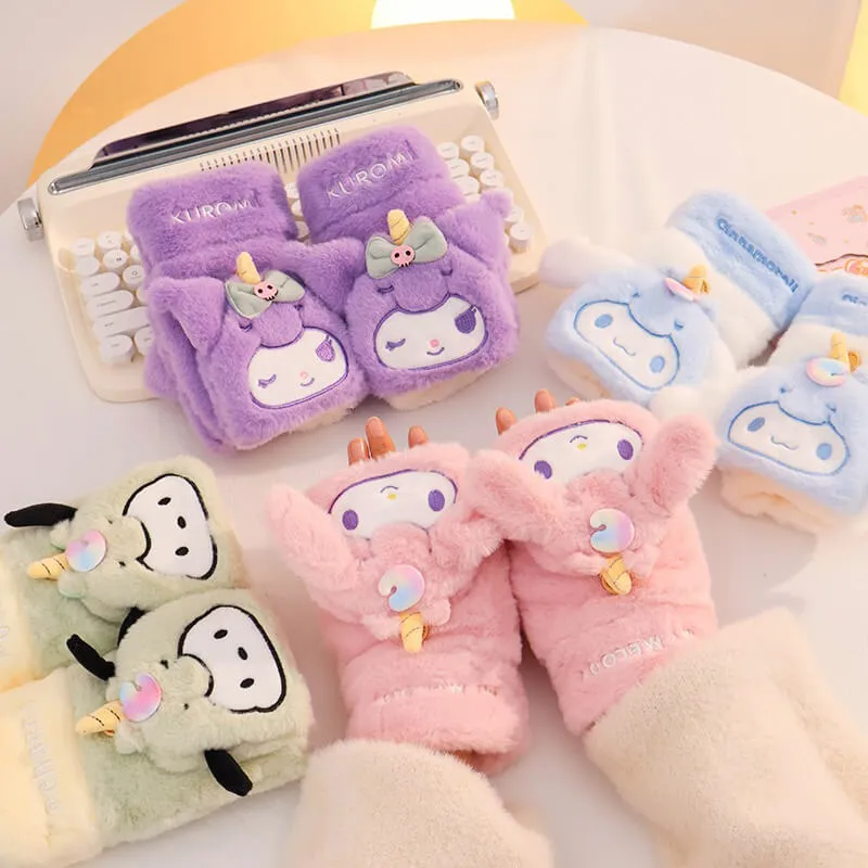 Sanrio Cute Cartoon Winter Unicorn Half Finger Mittens