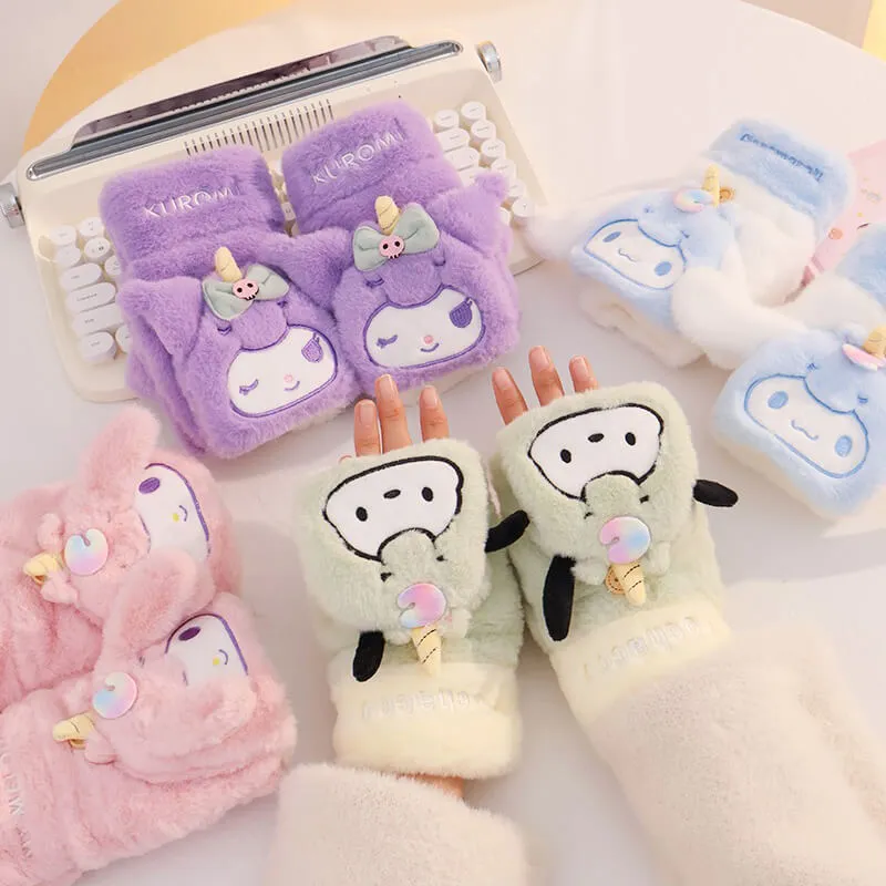 Sanrio Cute Cartoon Winter Unicorn Half Finger Mittens