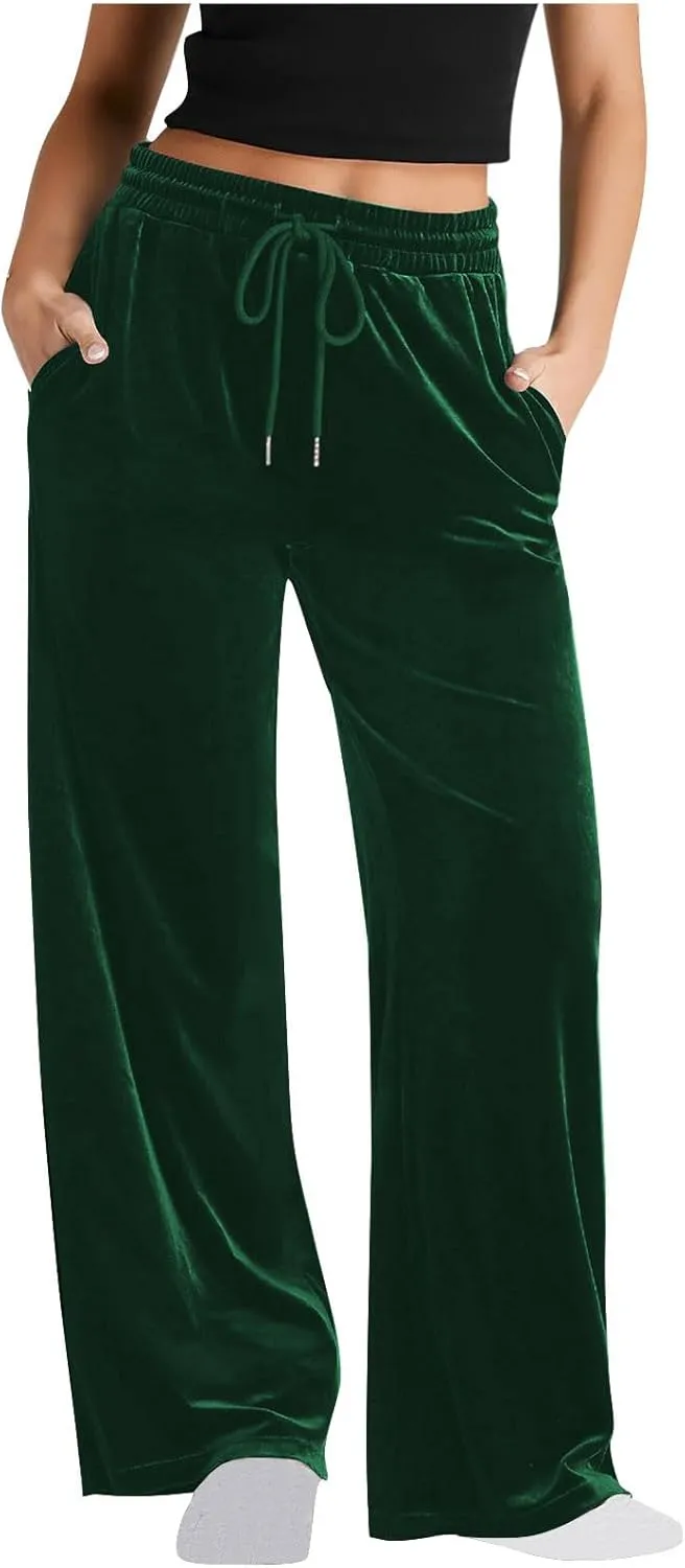 Velvet Pants for Women Elastic Waist Drawstring Trousers Palazzo Straight Leg Sweatpants Causal Sports Pantalones