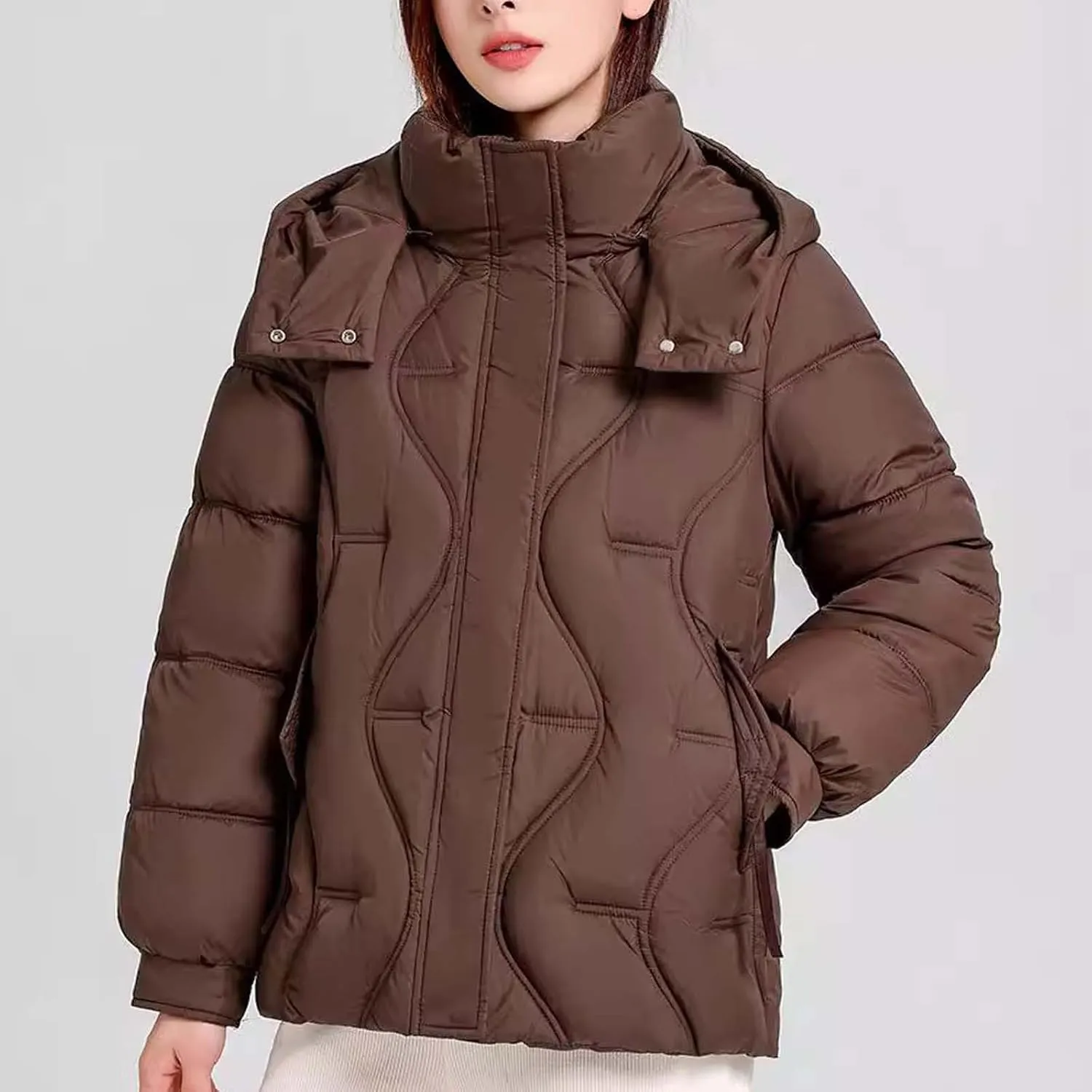 Women's Cropped Quilted Puffer Jackets Detachable Hooded Winter Coats Plus Size Down Jackets Warm Snowboard Outerwear