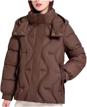 Women's Cropped Quilted Puffer Jackets Detachable Hooded Winter Coats Plus Size Down Jackets Warm Snowboard Outerwear