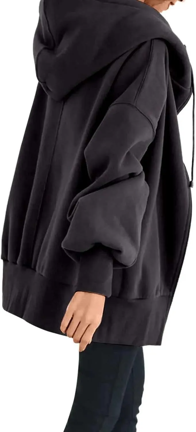 Women's Zip Up Hoodies Drawstring Long Sleeve Oversized Sweatshirts Loose Casual Fall Long Jackets Coats with Pockets