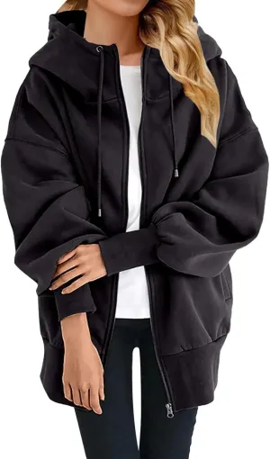 Women's Zip Up Hoodies Drawstring Long Sleeve Oversized Sweatshirts Loose Casual Fall Long Jackets Coats with Pockets